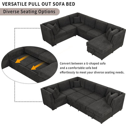 108.6" U-shaped Sectional Sofa Pull out Sofa Bed with Two USB Ports, Two Power Sockets, Three Back Pillows and a Storage Chaise for Living Room, Black