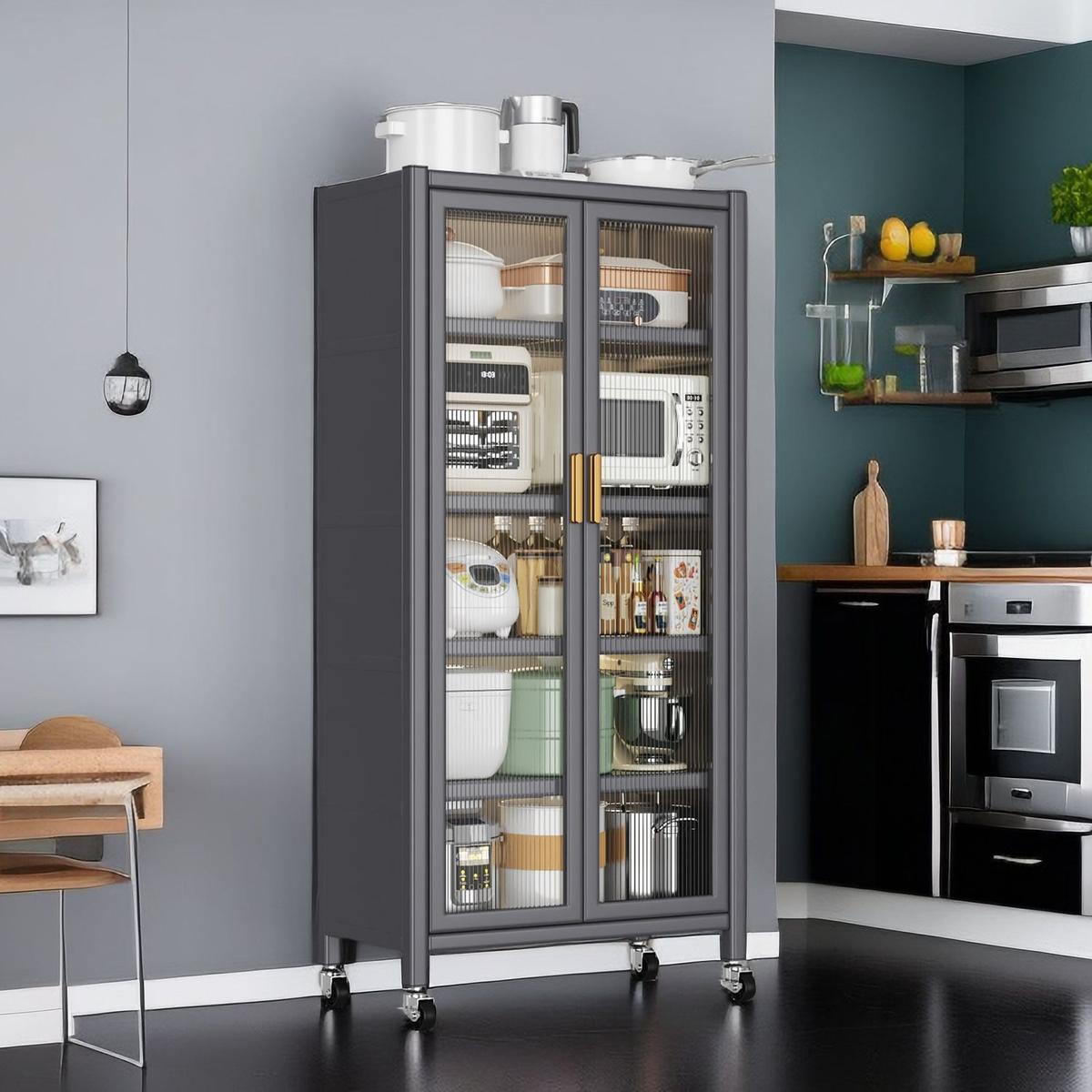 Open-door kitchen shelving Floor-to-ceiling multilevel household microwave storage cabinet bowls side cabinets cabinets Storage cabinets Grey color