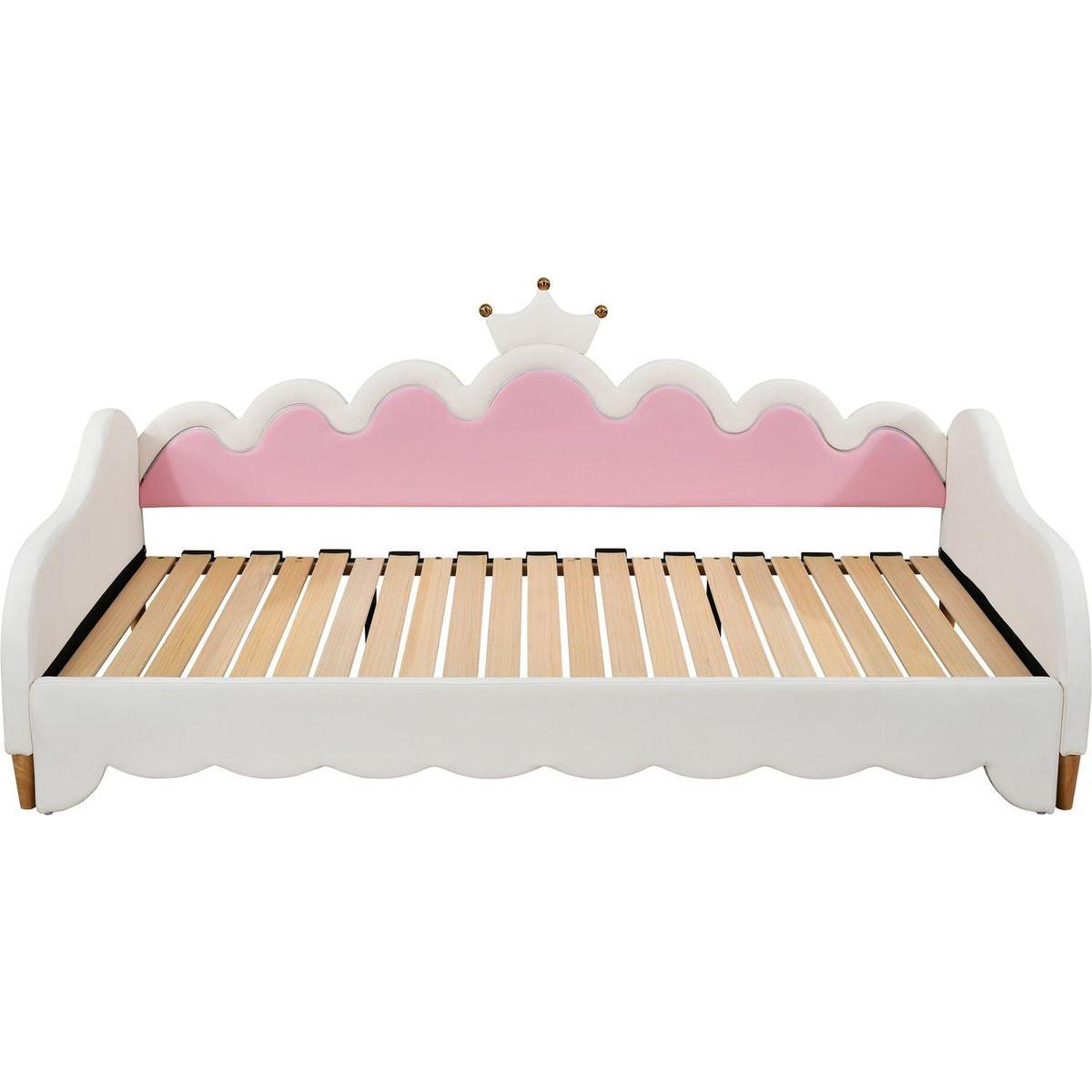 Twin Extending Daybed with LED Lights, Modern Upholstered Princess Daybed With Crown Headboard,White - Streamdale Furniture