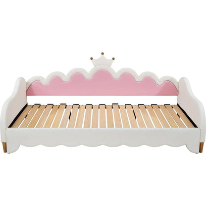 Twin Extending Daybed with LED Lights, Modern Upholstered Princess Daybed With Crown Headboard,White - Streamdale Furniture