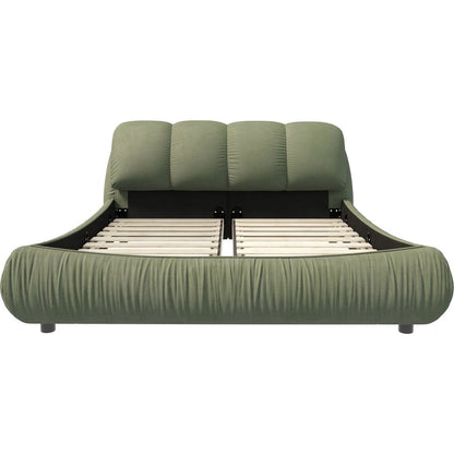 Queen Size Luxury Upholstered Platform Bed with Oversized Padded Backrest and Solid Wood Frame,suitable for Multiple heights of mattresses,Green