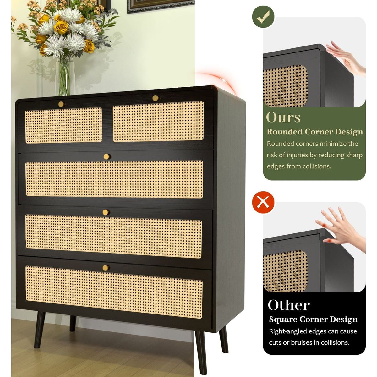 4 Drawer Dresser, Modern Rattan Dresser Chest with Wide Drawers and Metal Handles, Farmhouse Wood Storage Chest of Drawers for Bedroom, Living Room, Hallway, Entryway