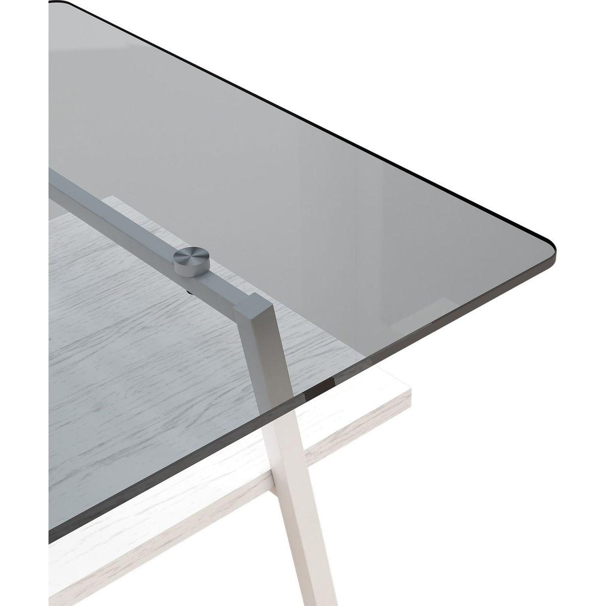 Rectangle Coffee Table, Tempered Glass Tabletop with White Metal Legs, Modern Table for Living Room, Gray Glass