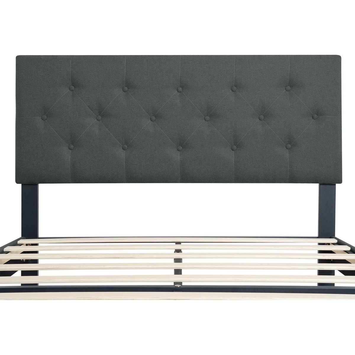 Queen Size Upholstered Platform Bed Frame with Modern Button Tufted Linen Fabric Headboard, No Box Spring Needed, Wood Slat Support, Easy Assembly, Dark Grey
