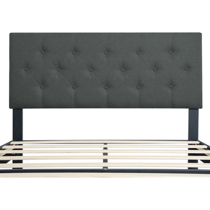 Queen Size Upholstered Platform Bed Frame with Modern Button Tufted Linen Fabric Headboard, No Box Spring Needed, Wood Slat Support, Easy Assembly, Dark Grey