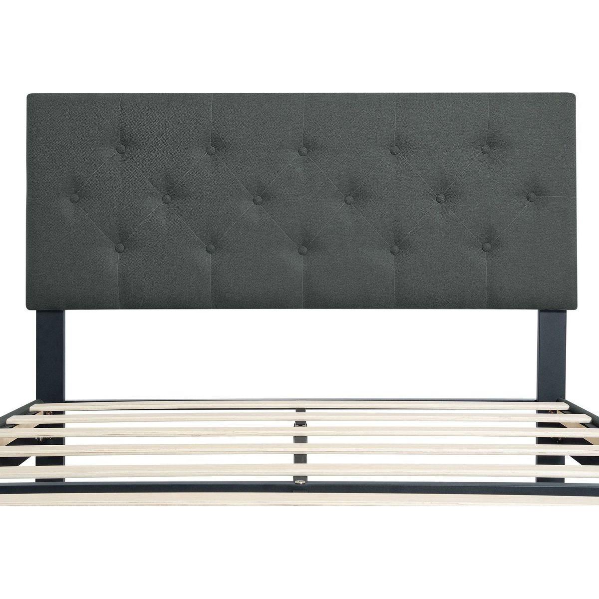 Twin Size Upholstered Platform Bed Frame with Modern Button Tufted Linen Fabric Headboard, No Box Spring Needed, Wood Slat Support, Easy Assembly, Drak Grey