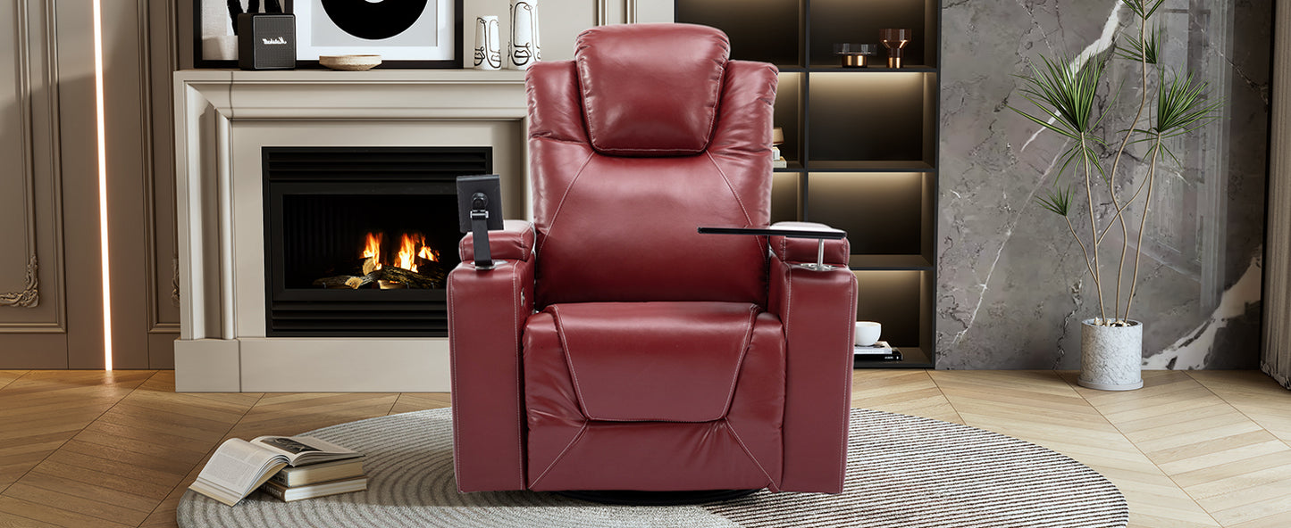 270 Degree Swivel PU Leather Power Recliner Individual Seat Home Theater Recliner with Surround Sound, Cup Holder, Removable Tray Table, Hidden Arm Storage for Living Room, Red