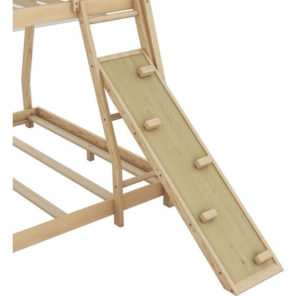 Twin over Queen House Bunk Bed with Climbing Nets and Climbing Ramp, Natural