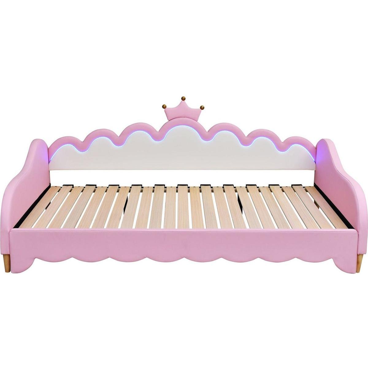 Twin Extending Daybed with LED Lights, Modern Upholstered Princess Daybed With Crown Headboard,Pink