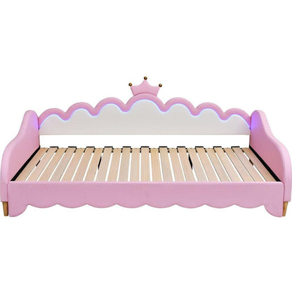 Twin Extending Daybed with LED Lights, Modern Upholstered Princess Daybed With Crown Headboard,Pink