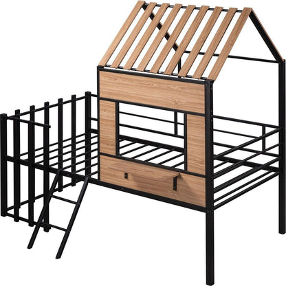 Metal Twin size Loft Bed with Roof, Window, Guardrail, Ladder Black