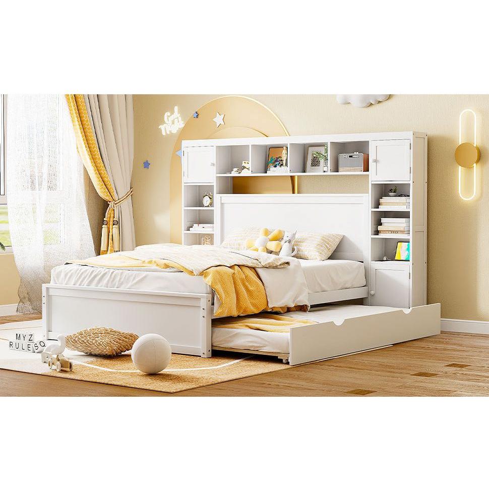 Queen Size Wooden Bed With All-in-One Cabinet, Shelf and Sockets, White