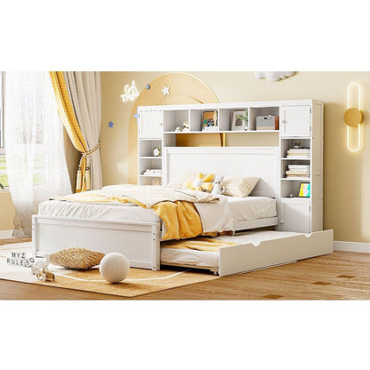Queen Size Wooden Bed With All-in-One Cabinet, Shelf and Sockets, White