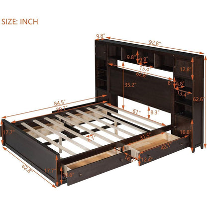 Queen Size Wooden Bed With All-in-One Cabinet, Shelf and Sockets, Espresso