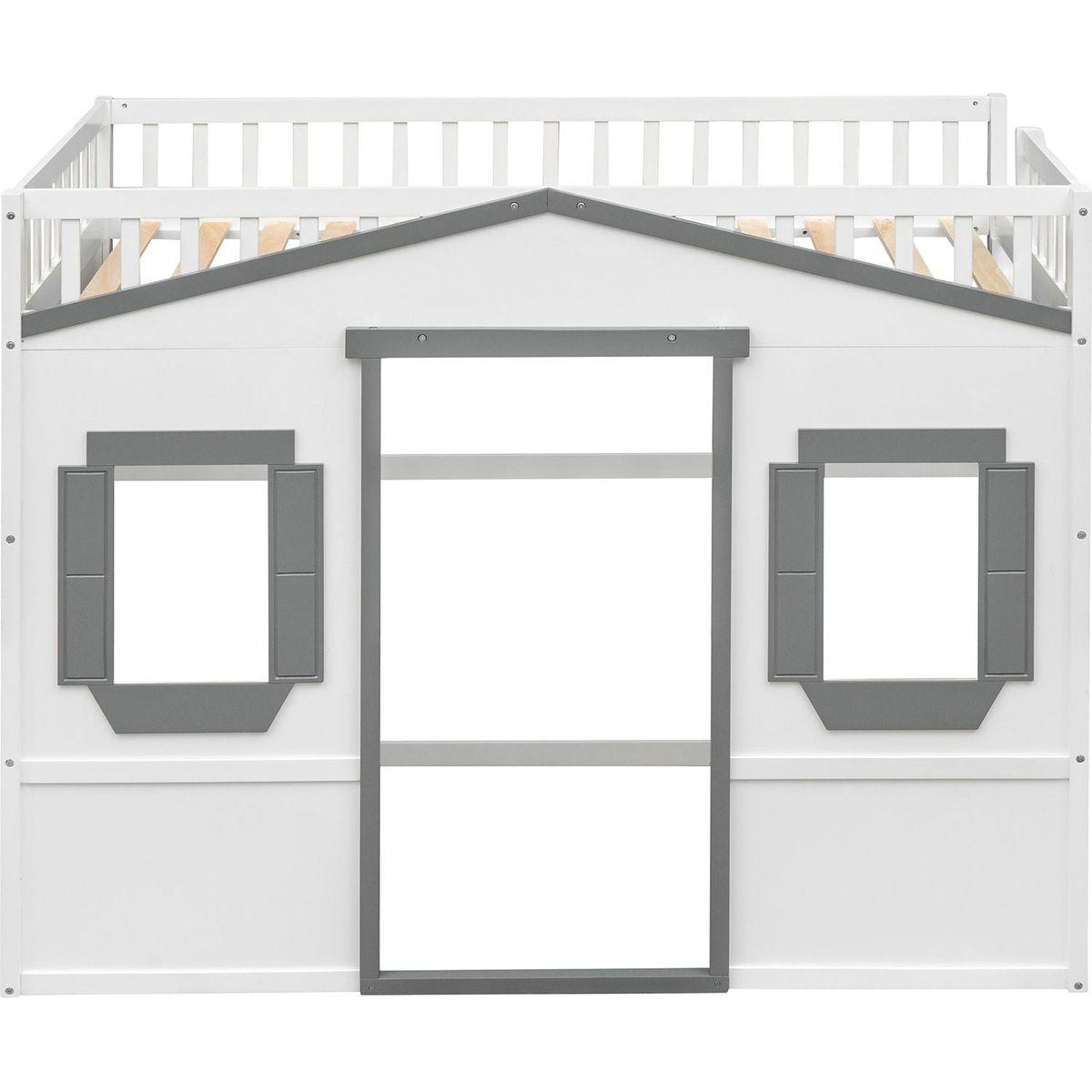 Twin Size House Loft Bed With Ladder-White+Gray Frame