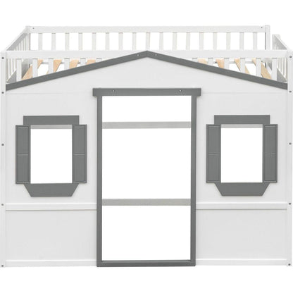 Twin Size House Loft Bed With Ladder-White+Gray Frame