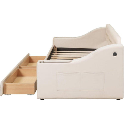 Twin Size Upholstered Daybed with Storage Armrests and USB Port, Beige