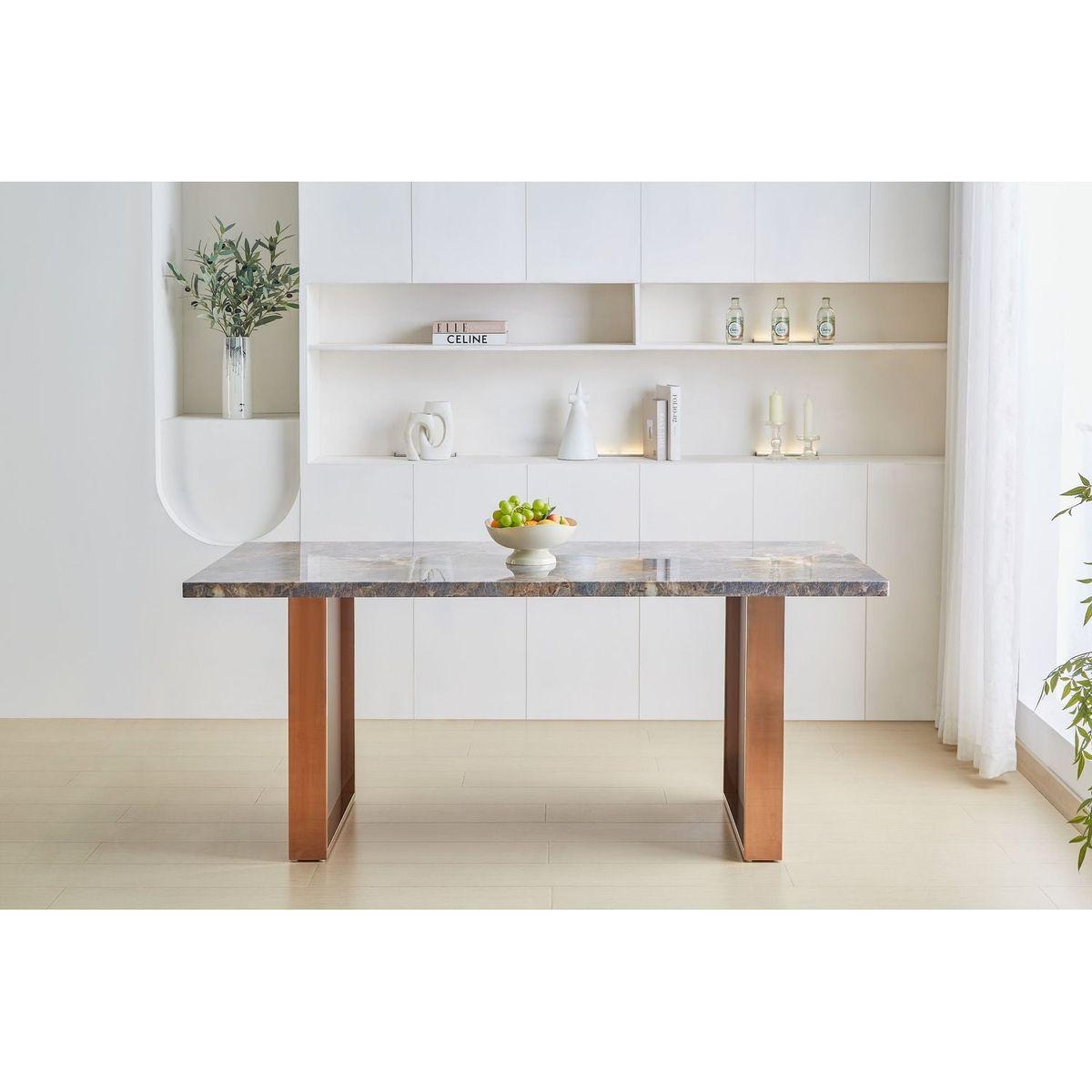 Faux Marble MDF Dining Table for 6 or 8,Rectangular 70.8"Lx35.4"Wx29.8"H, Luxurious Rocky Stone Effect Top Stainless Steel Legs Modern, Durable, Easy to Assemble for Kitchen/Living Room/Meeting Brown