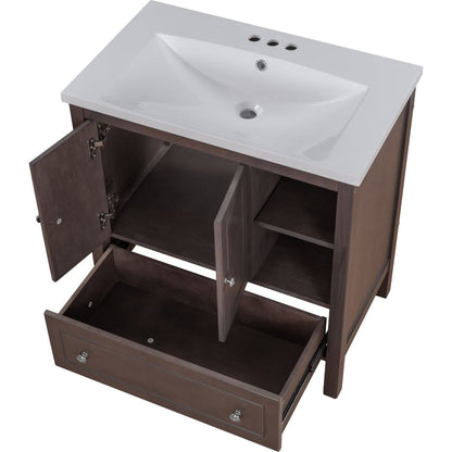 30" Bathroom Vanity with Sink, Bathroom Storage Cabinet with Doors and Drawers, Solid Wood Frame, Ceramic Sink, Brown