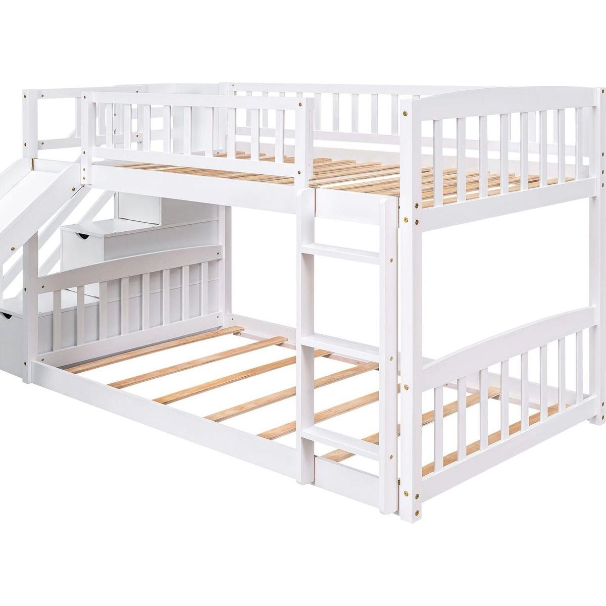 Stairway Twin over Twin Bunk Bed with Two Drawers and Slide, White