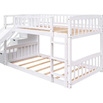 Stairway Twin over Twin Bunk Bed with Two Drawers and Slide, White
