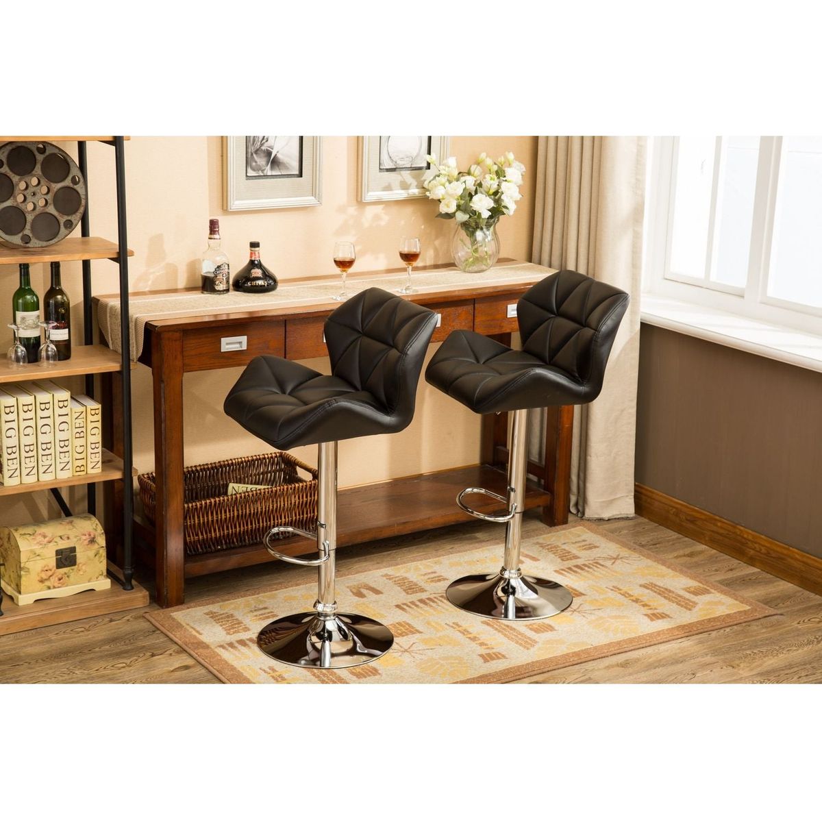 Glasgow Contemporary Tufted Adjustable Height Hidraulic Bar Stools, Set of 2, Black - Streamdale Furniture