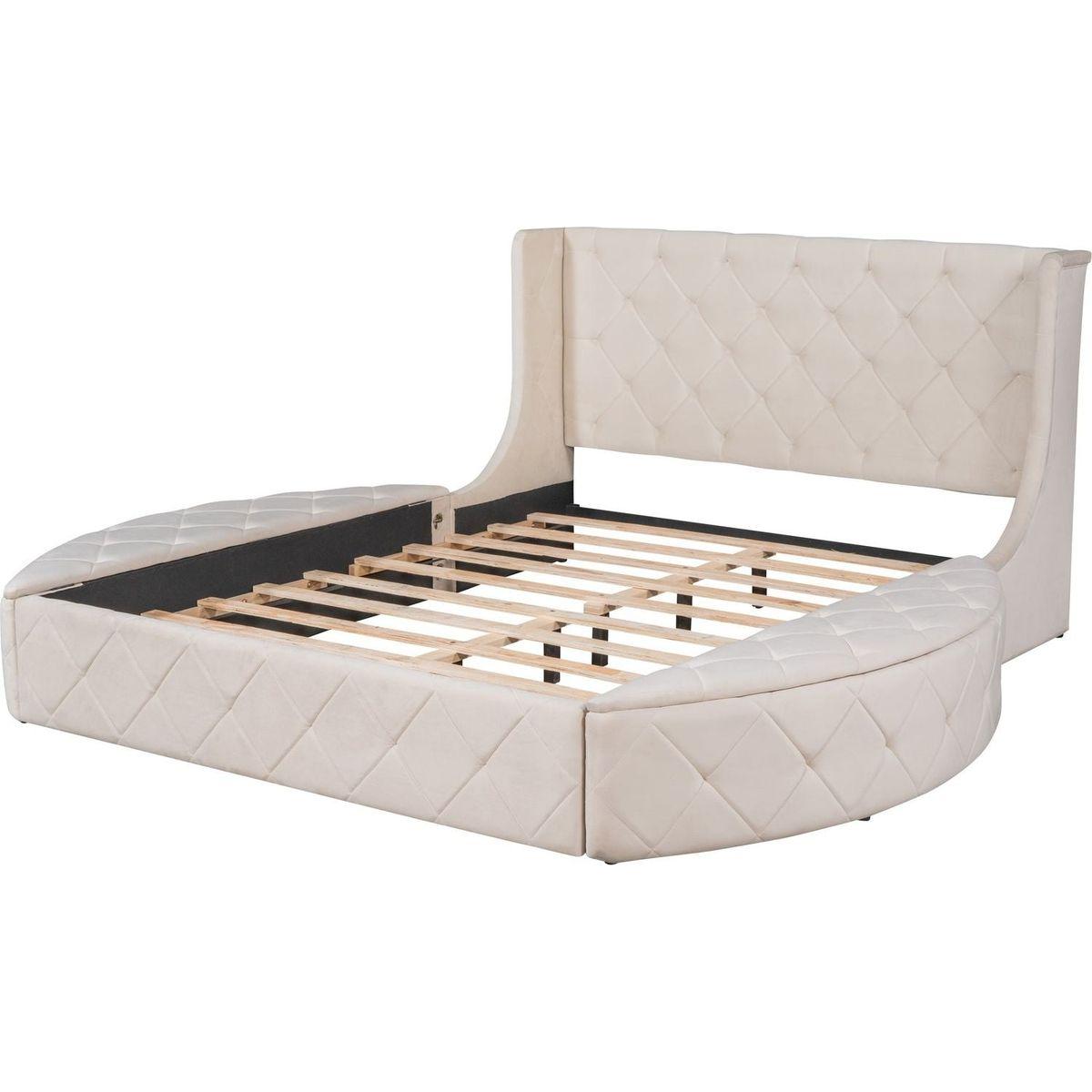 Upholstered Platform Bed Queen Size Storage Velvet Bed with Wingback Headboard and 1 Big Drawer,2 Side Storage Stool(Beige)