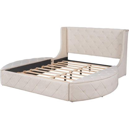 Upholstered Platform Bed Queen Size Storage Velvet Bed with Wingback Headboard and 1 Big Drawer,2 Side Storage Stool(Beige)