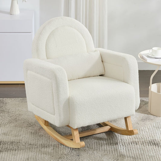 Accent Rocking Chair with Curved Back & Pillow, Ultimate Comfort for Your Home, Teddy Velvet, Cream White