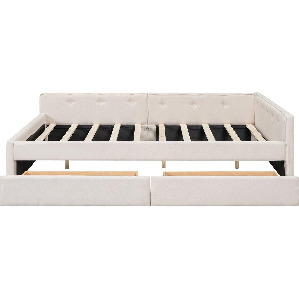 Queen Size Upholstered Platform Bed with USB and 2 Drawers, Beige