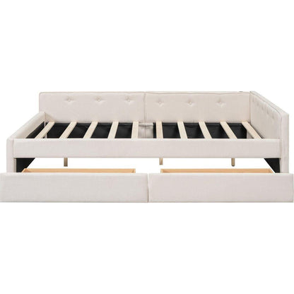 Queen Size Upholstered Platform Bed with USB and 2 Drawers, Beige