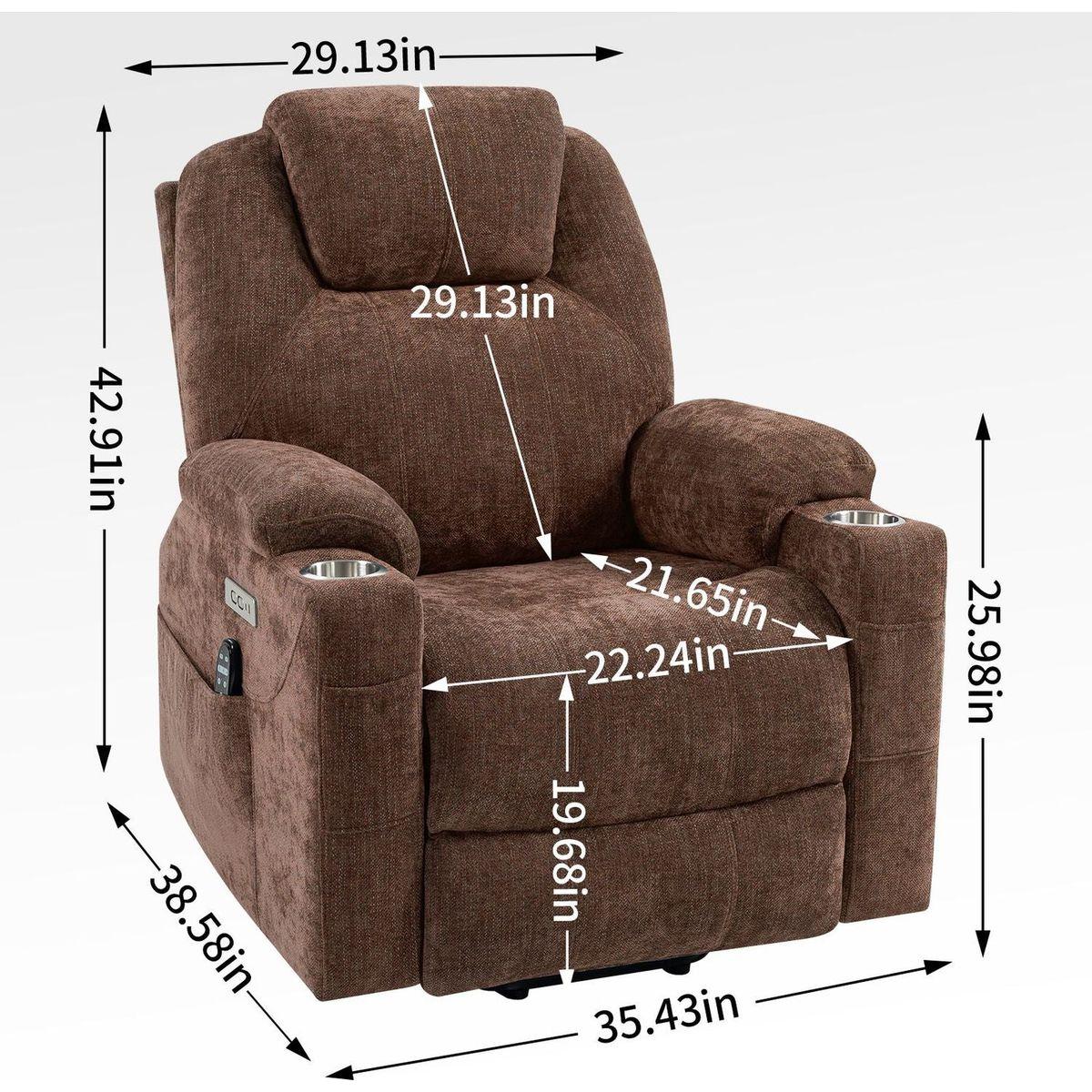 Okin motor Up to 350 LBS Chenille Power Lift Recliner Chair, Heavy Duty Motion Mechanism with 8-Point Vibration Massage and Lumbar Heating, USB and Type-C Ports, Stainless Steel Cup Holders, Brown