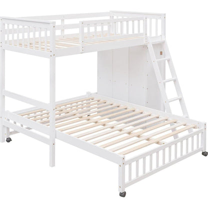 Wooden Twin Over Full Bunk Bed With Six Drawers And Flexible Shelves,Bottom Bed With Wheels,White