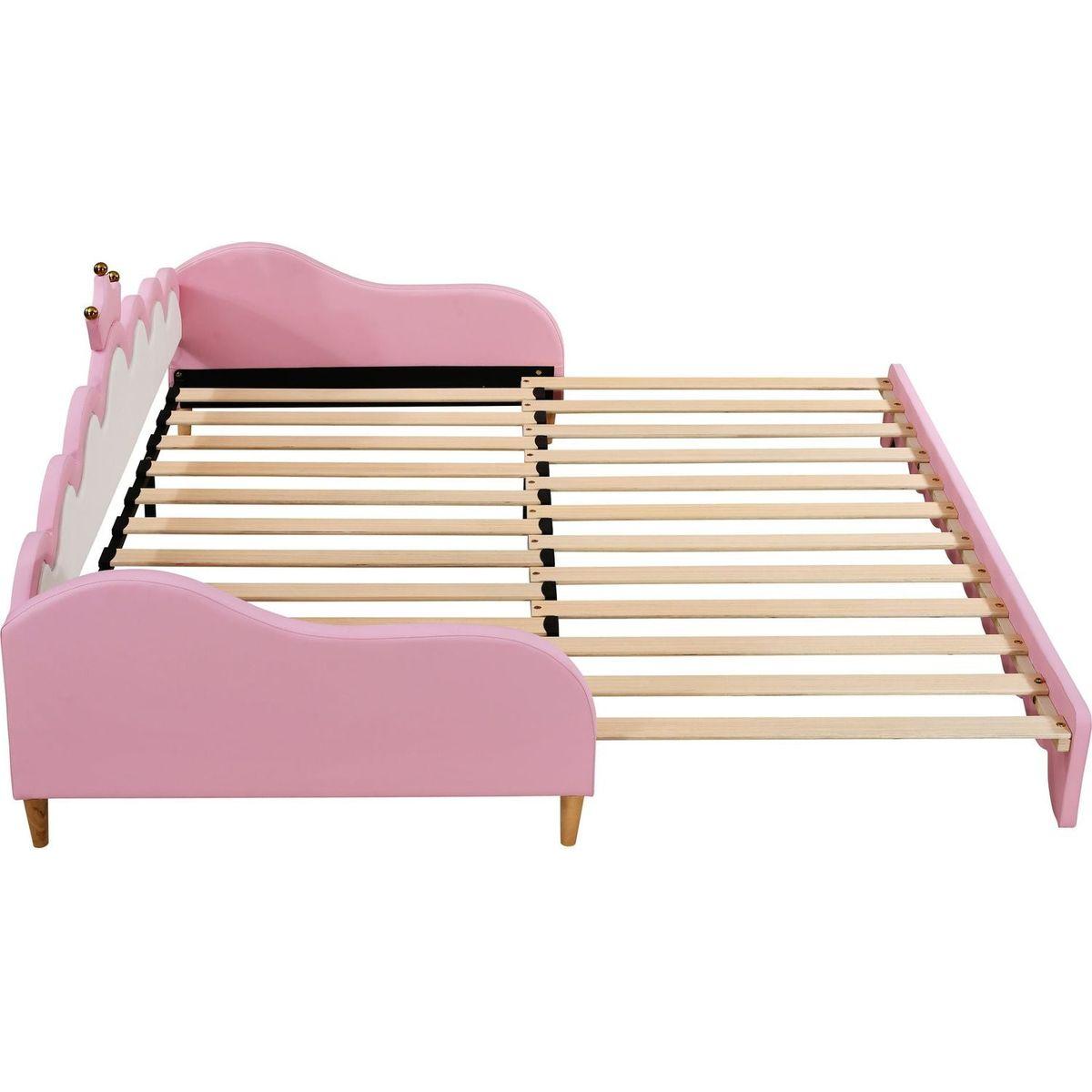 Twin Extending Daybed with LED Lights, Modern Upholstered Princess Daybed With Crown Headboard,Pink