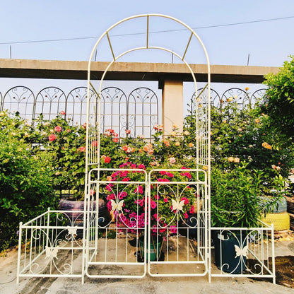 Metal Garden Arch with Gate 79.5'' Wide x 86.6'' High Climbing Plants Support Rose Arch Outdoor Cream White