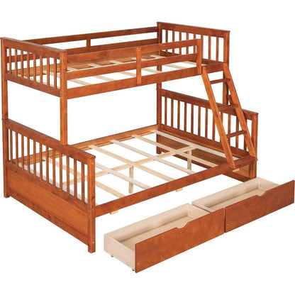 Twin-Over-Full Bunk Bed with Ladders and Two Storage Drawers (Walnut) { o