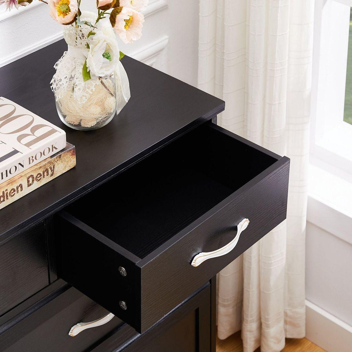 Bedroom dresser, 9 drawer long dresser with antique handles, wood chest of drawers for kids room, living room, entry and hallway, Black, 47.56"W x 15.75"D x 34.45"H.
