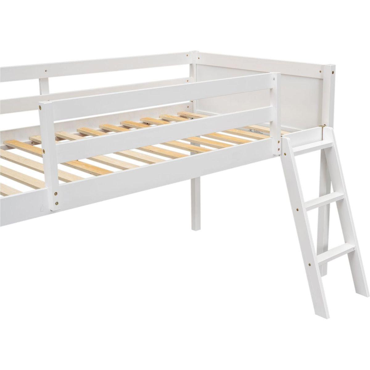 Twin Size Wood Low Loft Bed with Ladder, ladder can be placed on the left or right, White
