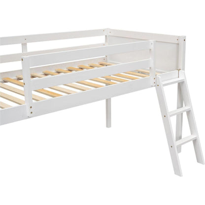 Twin Size Wood Low Loft Bed with Ladder, ladder can be placed on the left or right, White
