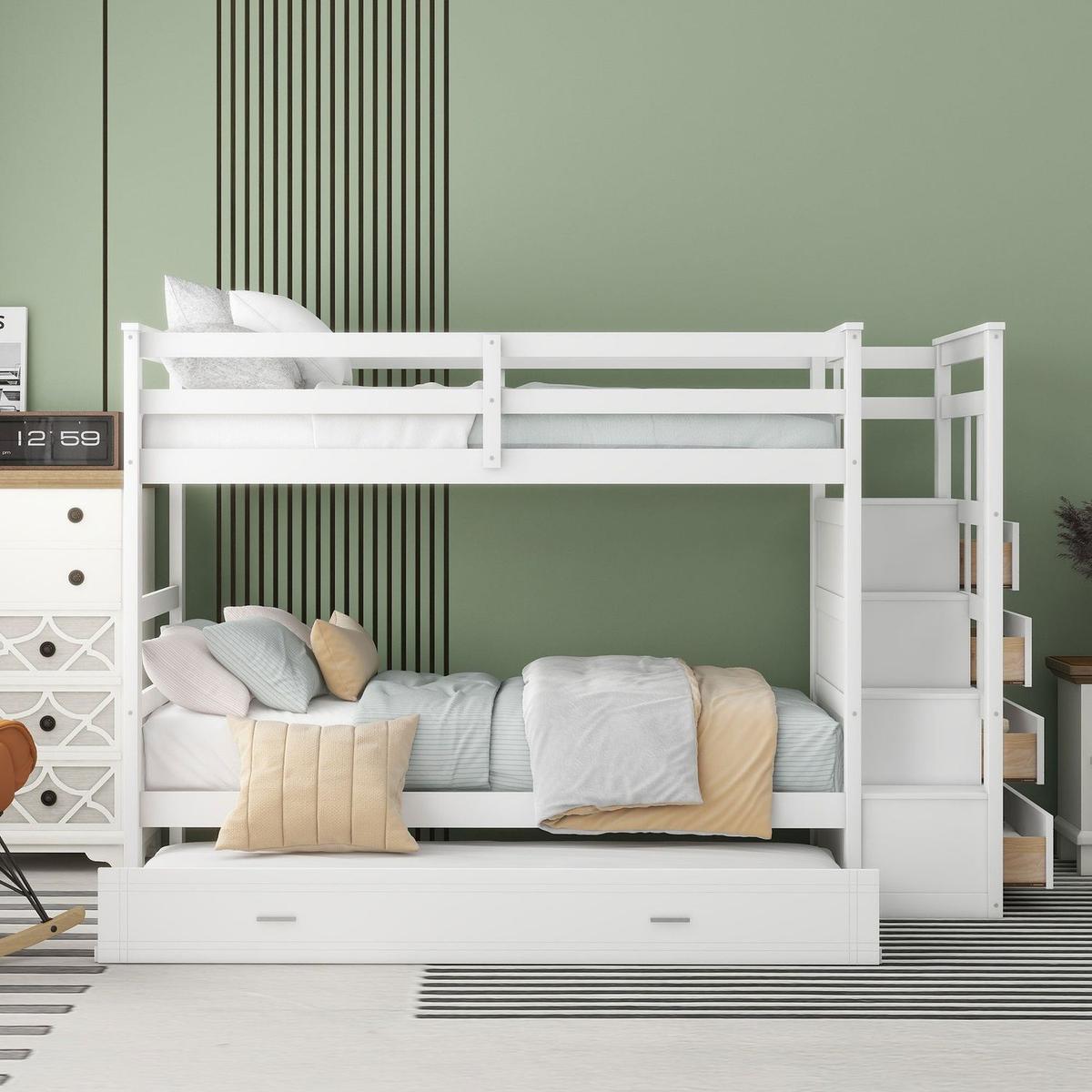 Twin Over Twin Bunk Bed with Trundle and Staircase,White
