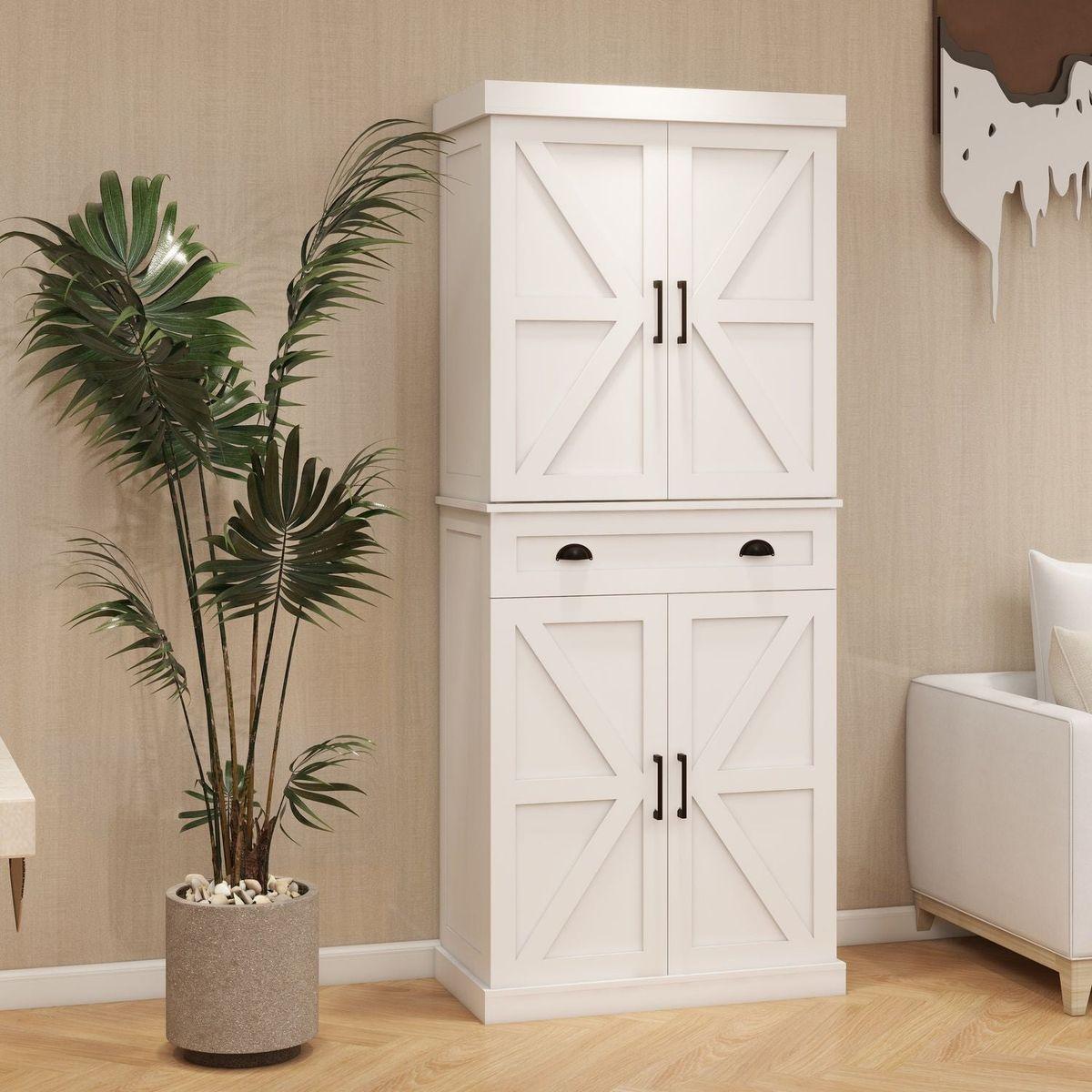 71" Kitchen Pantry Storage Cabinet with 4 Doors(2Doors with Racks),1 Drawer, 2 Adjustable Shelves, Freestanding Cupboard for Kitchen, Dining Room and Living Room-White