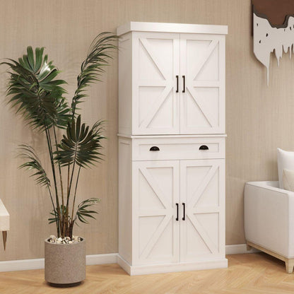 71" Kitchen Pantry Storage Cabinet with 4 Doors(2Doors with Racks),1 Drawer, 2 Adjustable Shelves, Freestanding Cupboard for Kitchen, Dining Room and Living Room-White