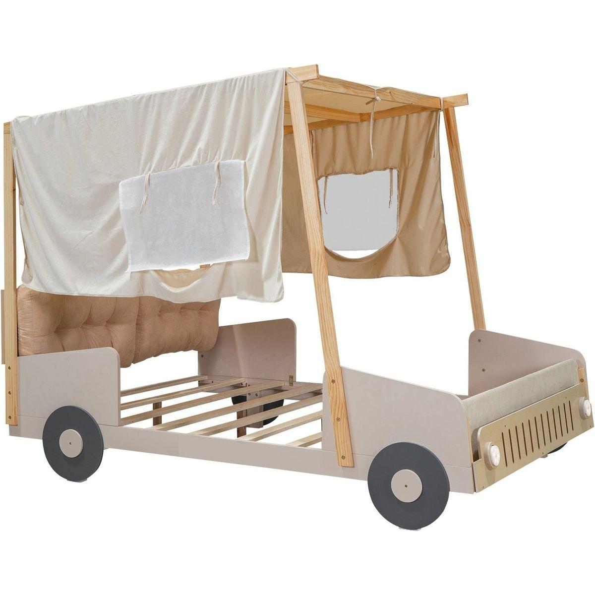 Wood Full Size Car Bed with Pillow, Ceiling Cloth and LED, Natural