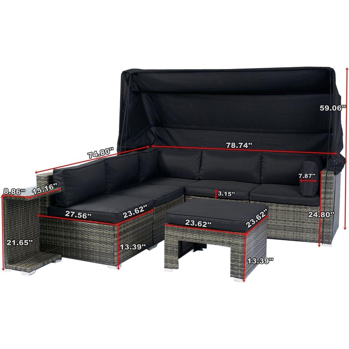 7-Piece Patio Furniture Set w/Retractable Canopy Wicker Rattan Sectional Sofa Set Patio Furniture with Washable Cushions for Lawn, Garden, Backyard, Poolside Grey wicker + Black Cushion