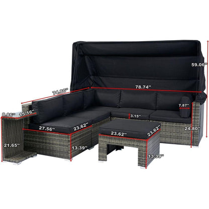 7-Piece Patio Furniture Set w/Retractable Canopy Wicker Rattan Sectional Sofa Set Patio Furniture with Washable Cushions for Lawn, Garden, Backyard, Poolside Grey wicker + Black Cushion