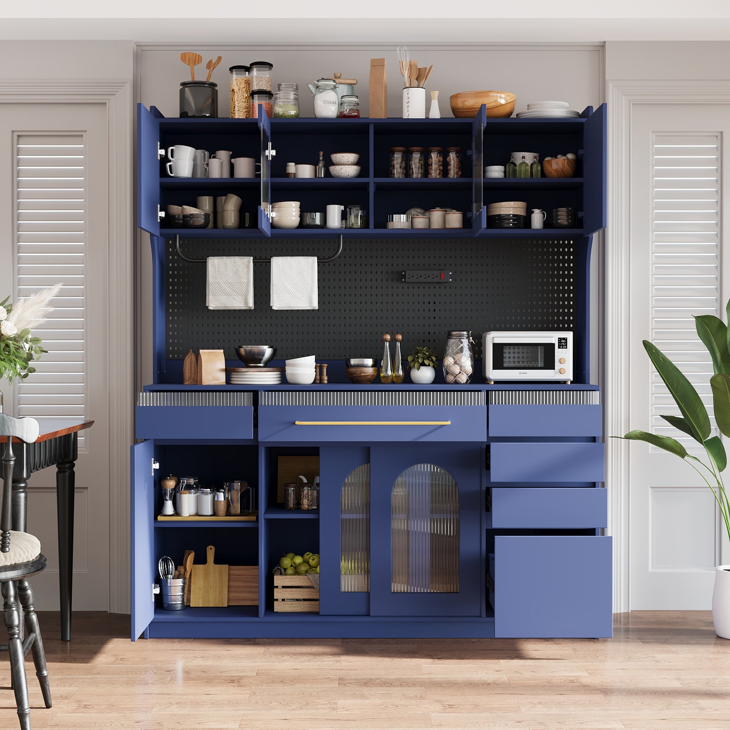(Assembly Video Offered) TOPMAX Freestanding 63'' W Buffet with Hutch, Large Coffee Bar Storage Cabinet with 6 Drawers, 5 Cabinets with Adjustable Shelves,Pegboard,Towel Rack, Power Outlet, Blue