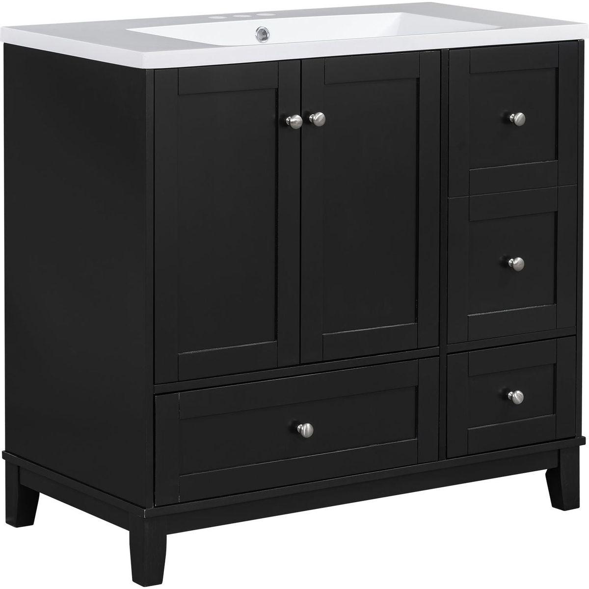 36 Inch Modern Bathroom Vanity with USB Charging, Two Doors and Three Drawers Bathroom Storage Vanity Cabinet, Small Bathroom Vanity cabinet with single sink, Black - Faucets Not Included