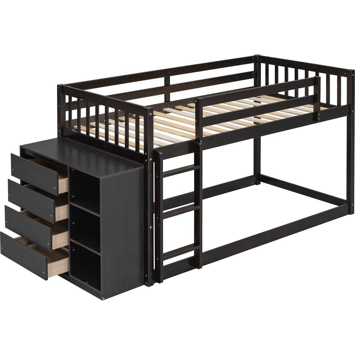 Twin over Twin Bunk Bed with 4 Drawers and 3 Shelves-Espresso