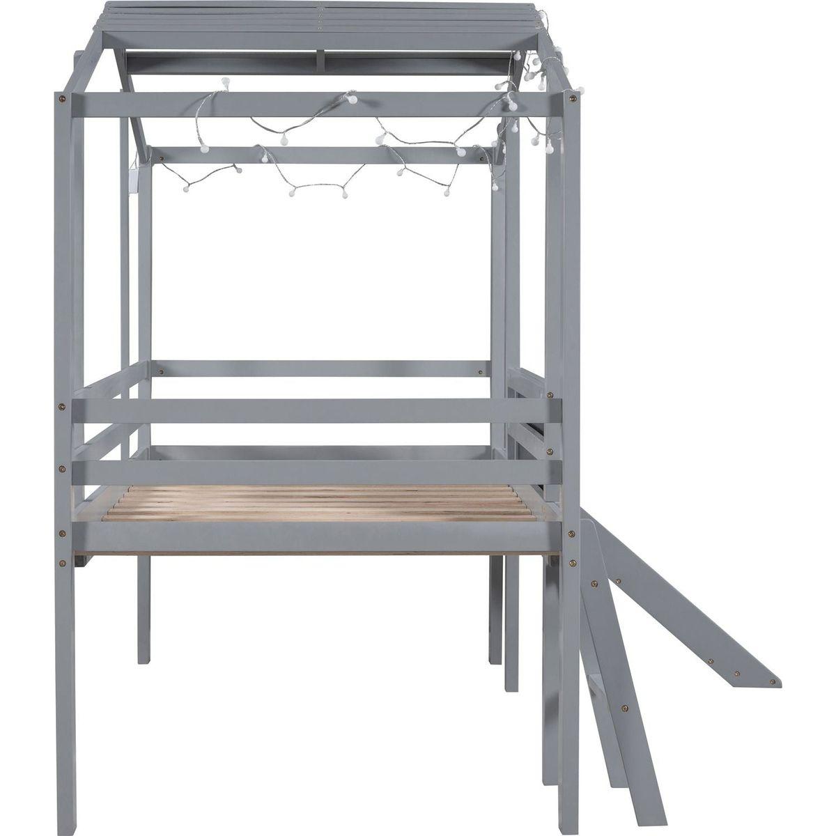 Twin Size Loft Bed with Ladder and Slide, House Bed with Blackboard and Light Strip on the Roof, Gray