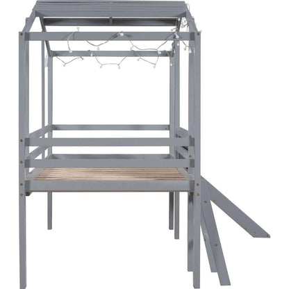 Twin Size Loft Bed with Ladder and Slide, House Bed with Blackboard and Light Strip on the Roof, Gray